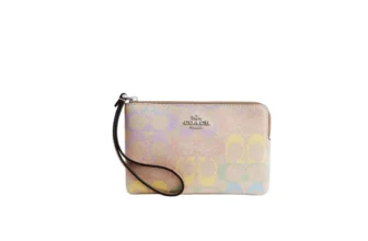 กระเป๋าคล้องข้อมือ Coach Corner Zip Wristlet CDF28 (In Rainbow Signature Canvas Sand)