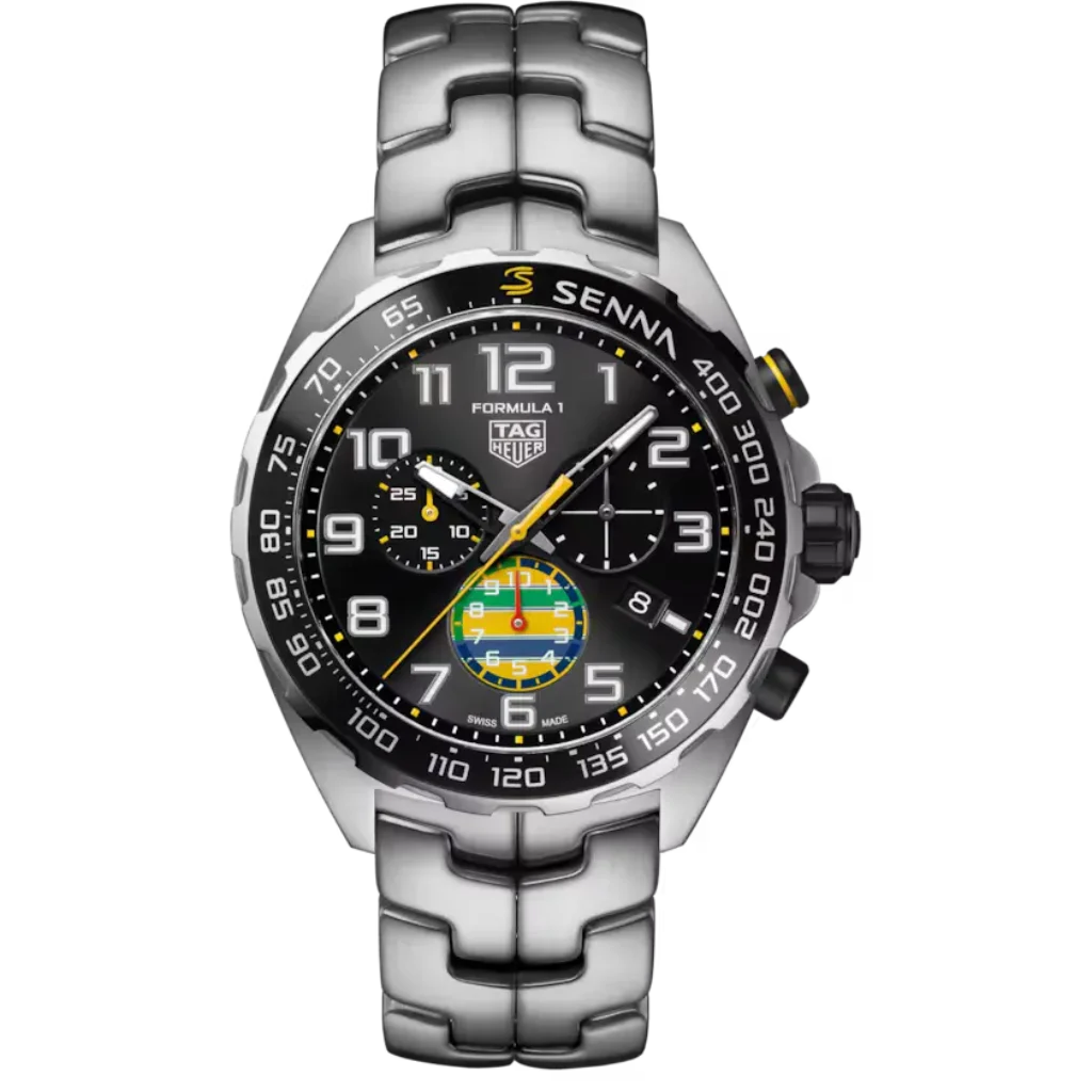 TAG Heuer Formula 1 Chronograph Senna Special Edition ขอบหน้าปัดมีโลโก้ Senna และหน้าปัดย่อยลายสีหมวกกันน็อกของเขา